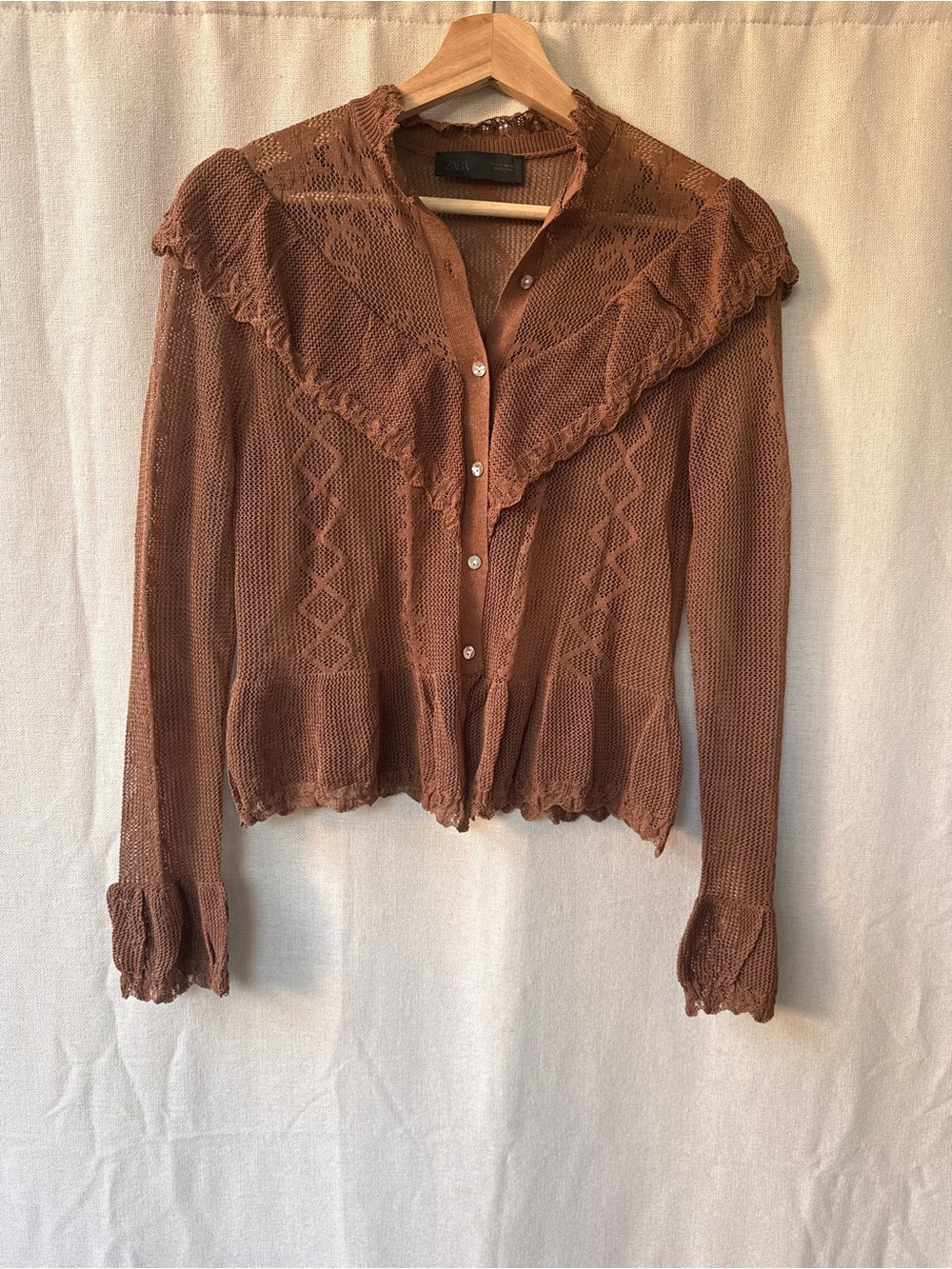 Zara Brown Ruffle-Trim Lace Knit Button Cardigan